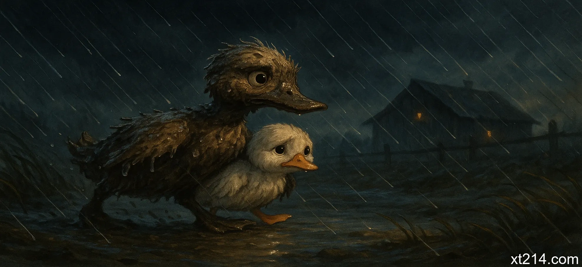 风雨中，浑身泥泞的丑小鸭护送迷路的小鹅回家
