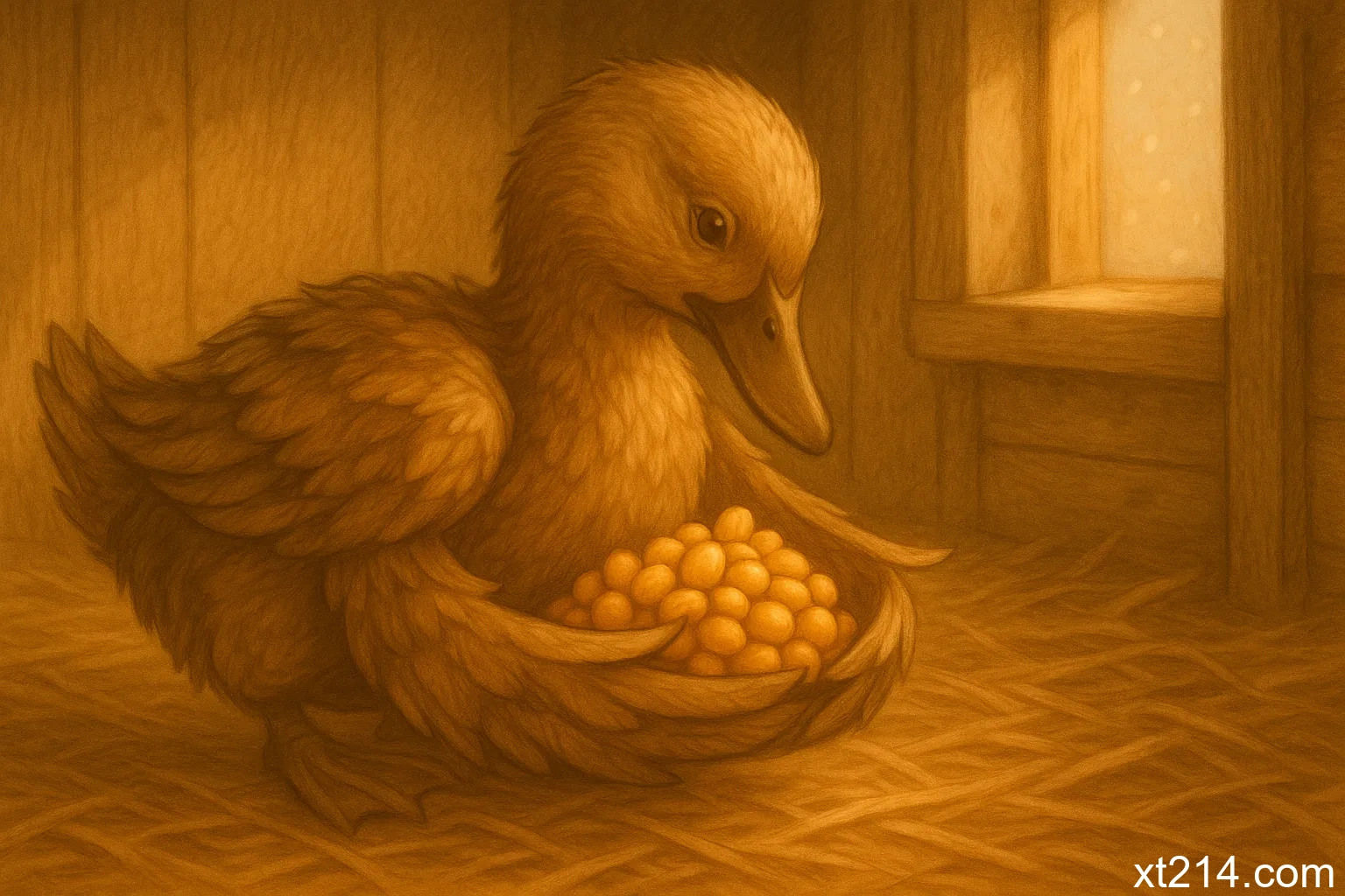 妈妈翅膀中捧着一小堆珍贵的玉米粒，神情既骄傲又不舍