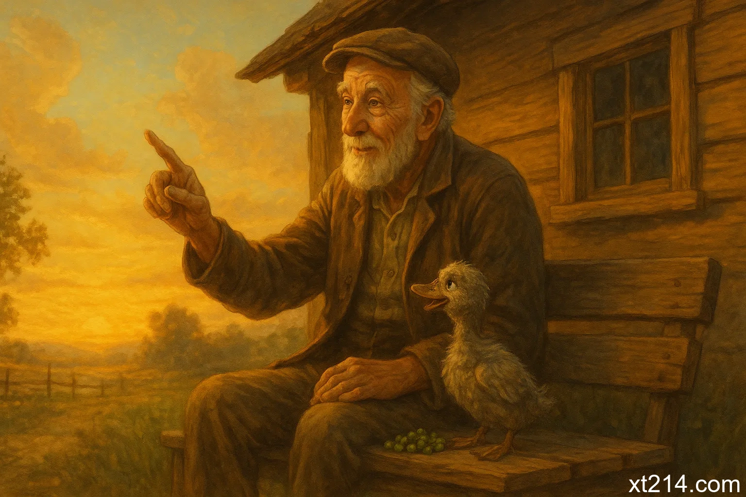 丑小鸭和约翰老人坐在小屋前，夕阳下分享豌豆，老人指着天空讲述