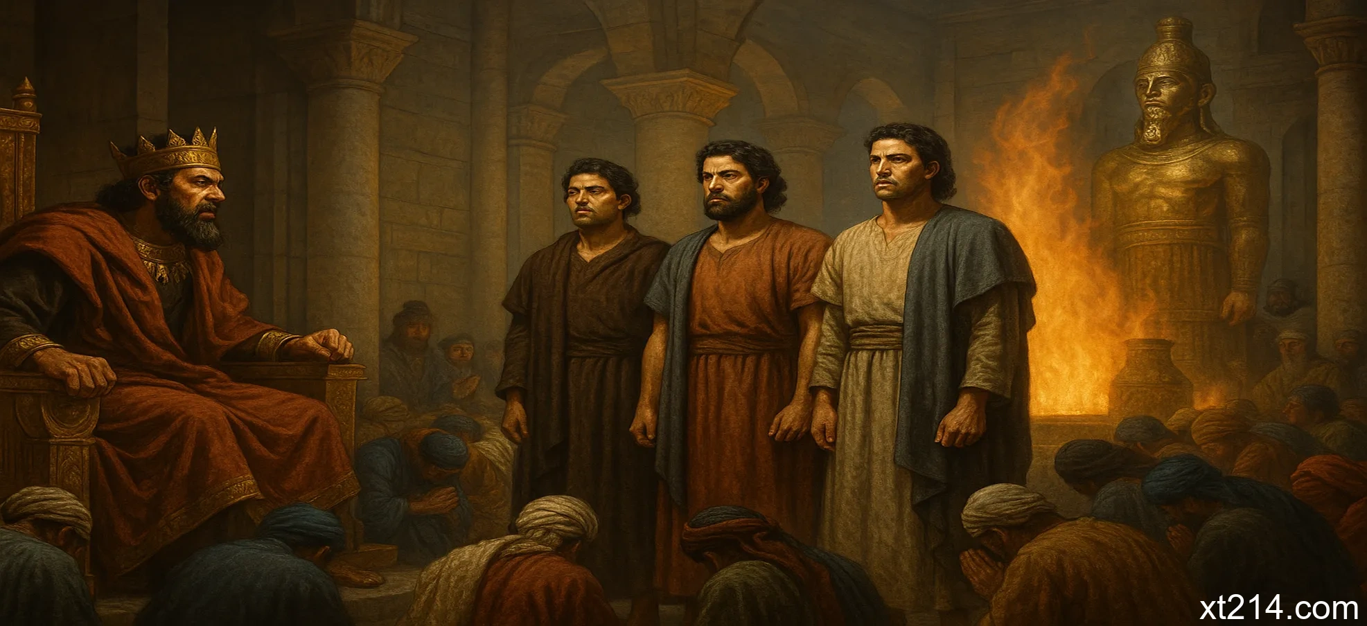 沙得拉、米煞、亚伯尼歌站在尼布甲尼撒王面前，拒绝跪拜金像，象征'即或不然'的信心