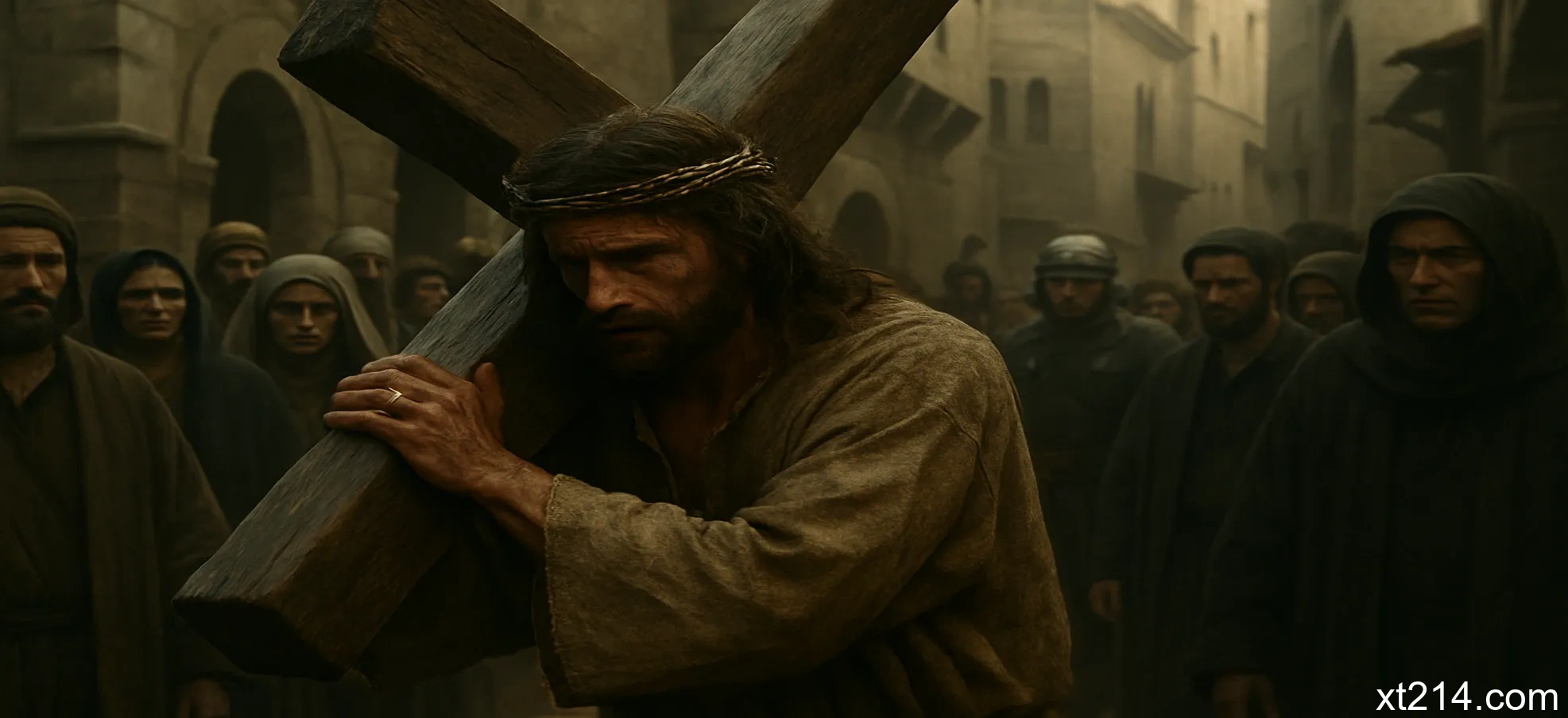 耶稣独自背着十字架行走，周围人群冷漠或敌视，象征最大的神迹在于没有神迹的时刻