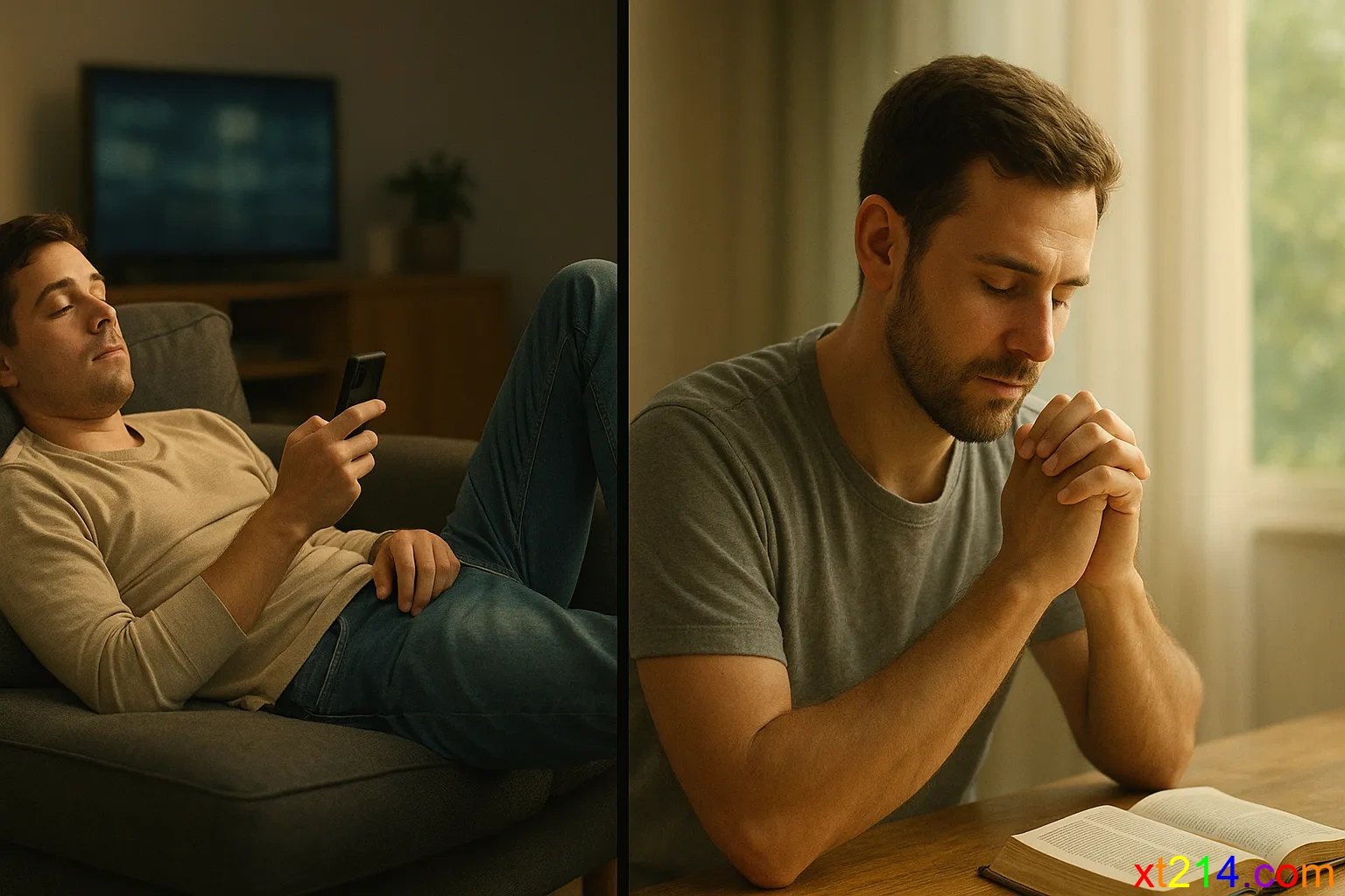 两个并列场景：一个人躺在沙发上休息，另一个人在祷告中安息
