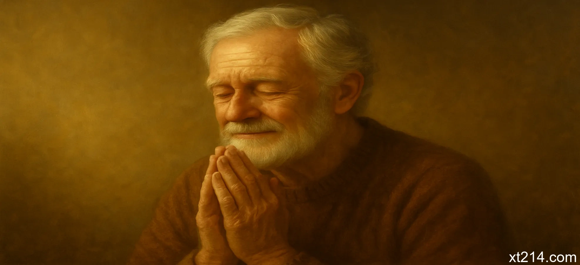 一位年长的基督徒在祷告中展现出深沉的平安与满足