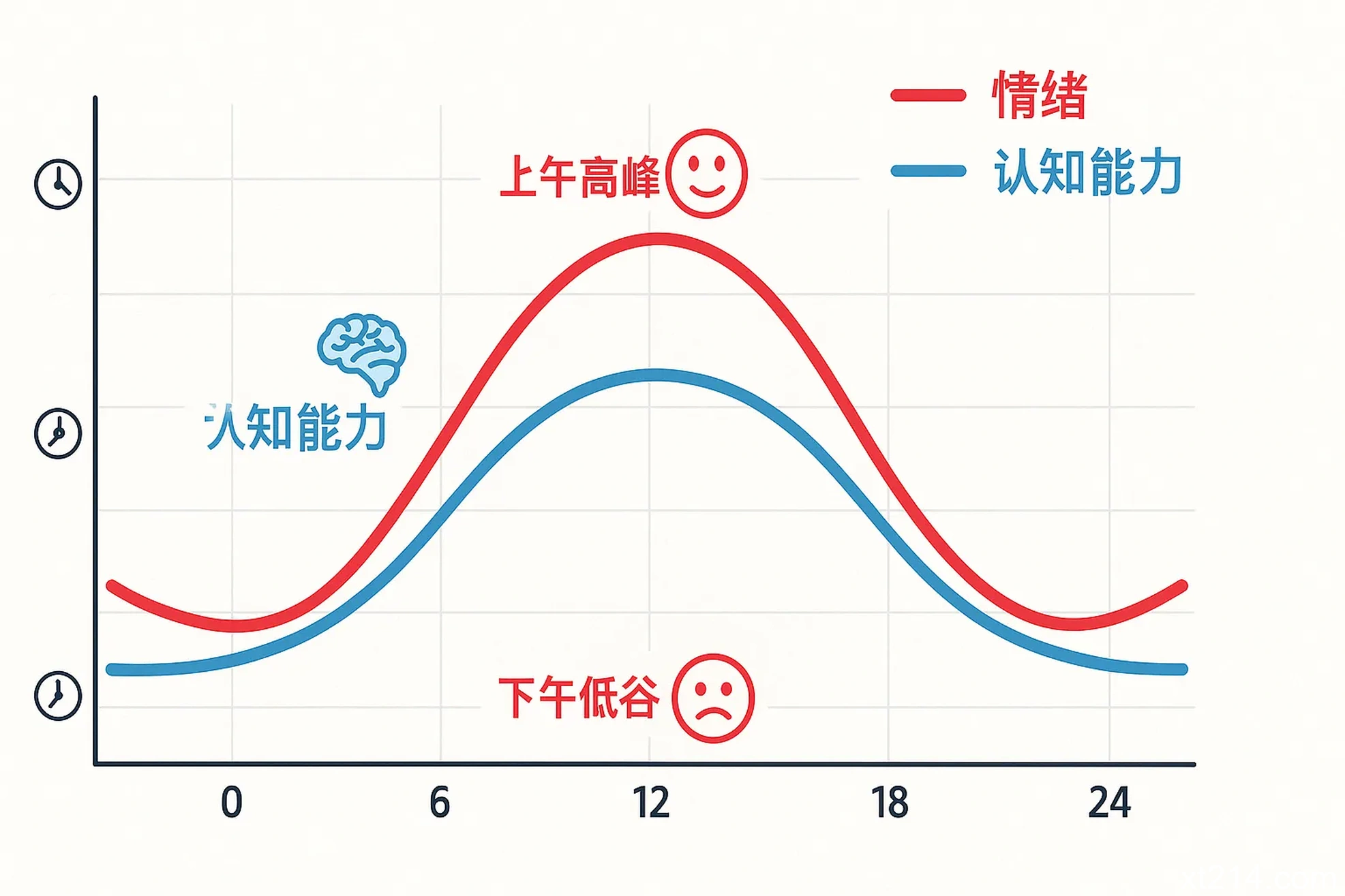 人类一天中情绪和认知能力的波动曲线图，展示上午高峰和下午低谷