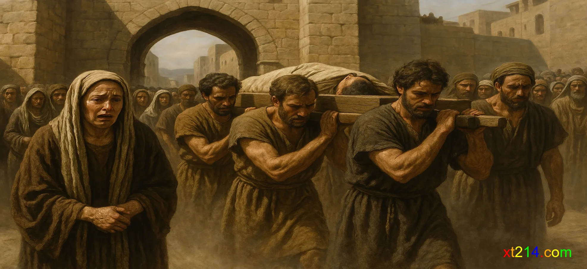 拿因城葬礼队伍缓缓走向城门，寡妇泪流满面，象征死亡的悲伤