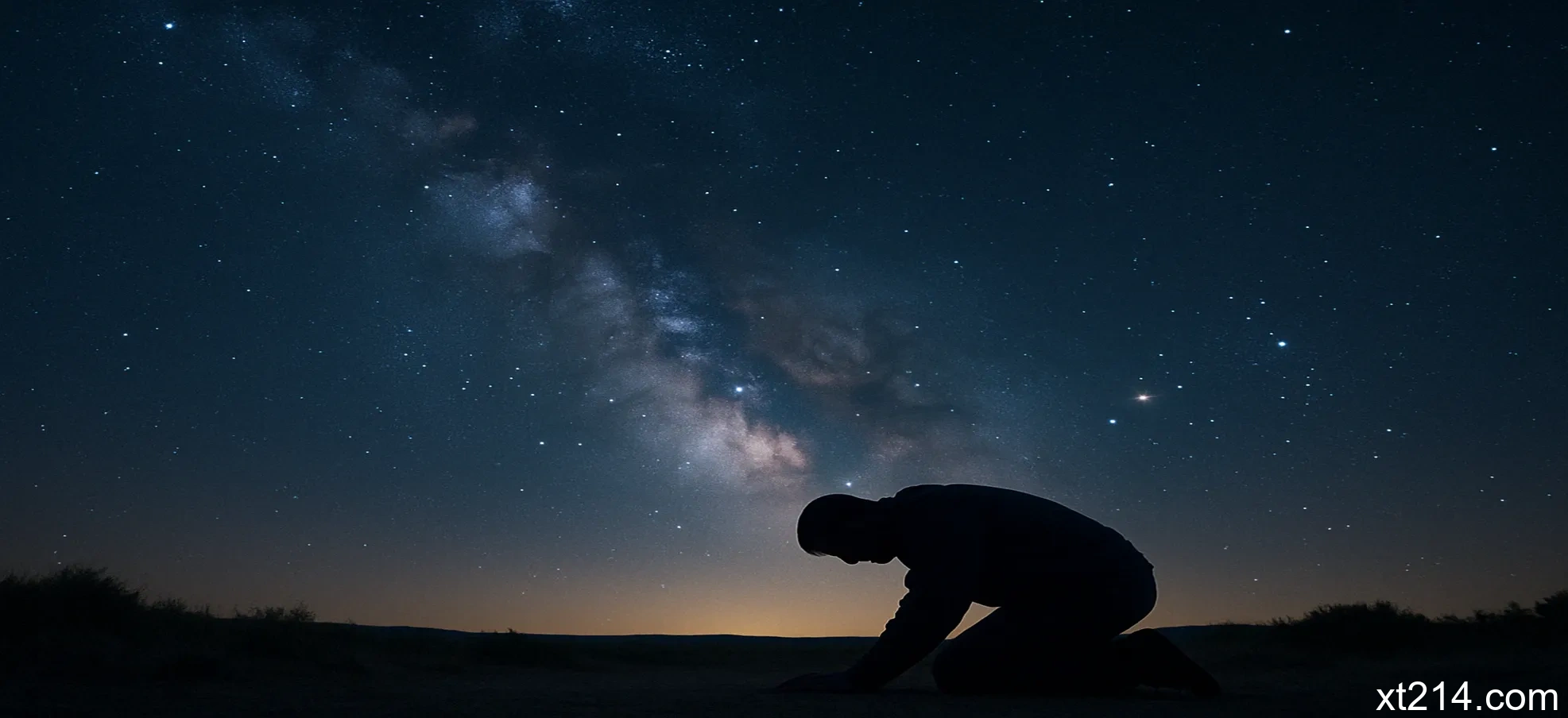 一个人在星空下俯伏敬拜，表达对神的敬畏与爱慕之情