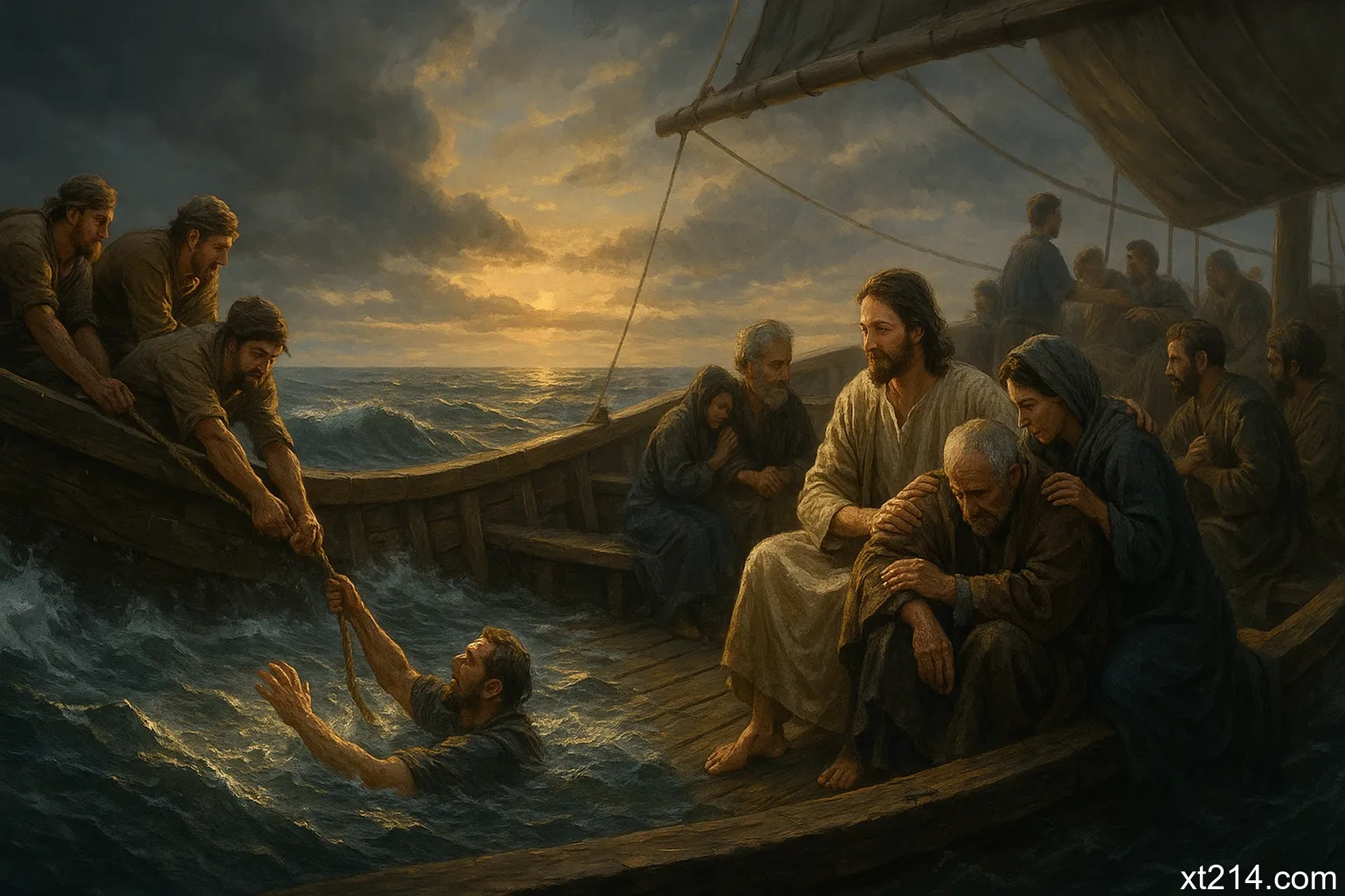 一艘船在海上救起落水者，同时船上的人彼此照顾，象征教会的双重目的