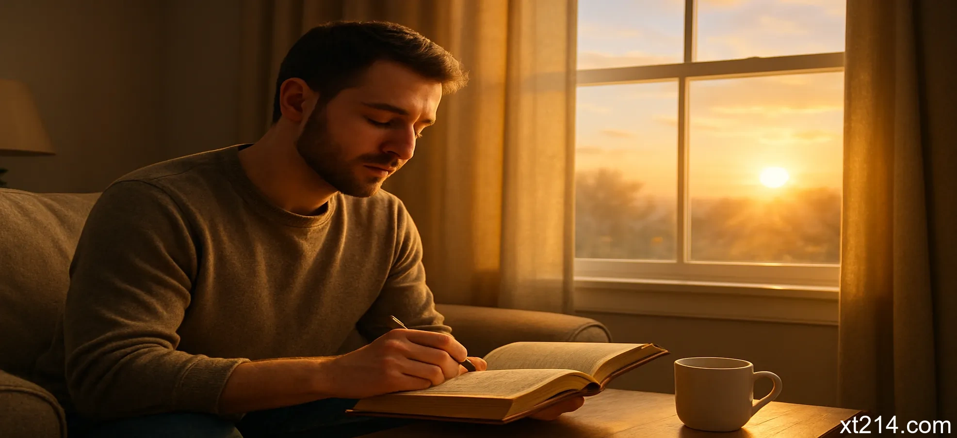 清晨的阳光中，一个人在窗边读经祷告