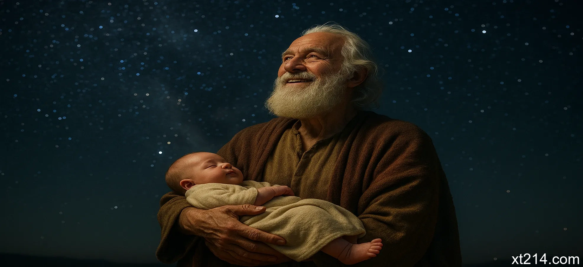 百岁的亚伯拉罕怀抱婴儿以撒，仰望星空，象征神在人无能为力时彰显大能