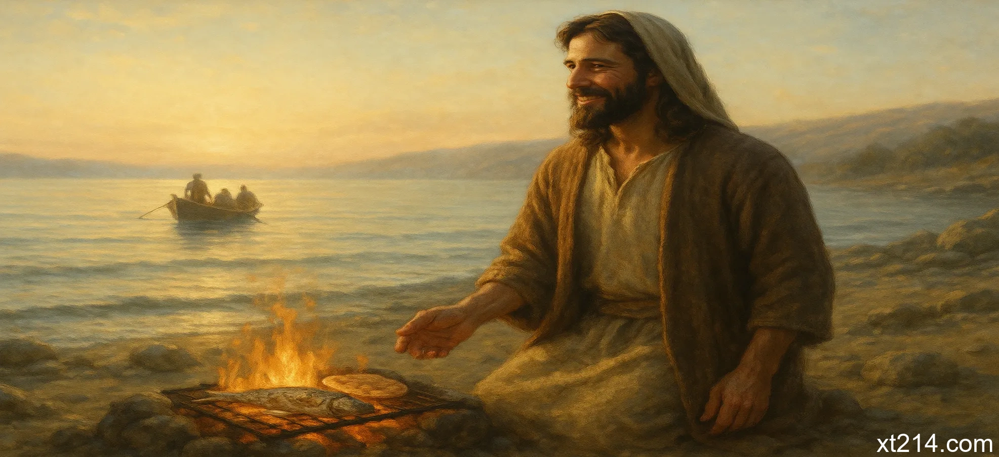 复活的耶稣在提比哩亚海边为门徒预备早餐，炭火上烤着鱼，象征神的预备超越人的努力
