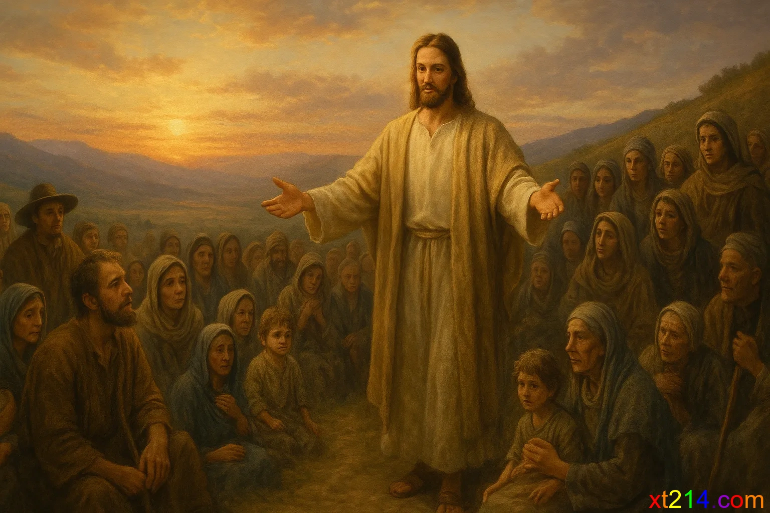 耶稣向疲惫的人群伸出双手，邀请他们到祂那里得安息