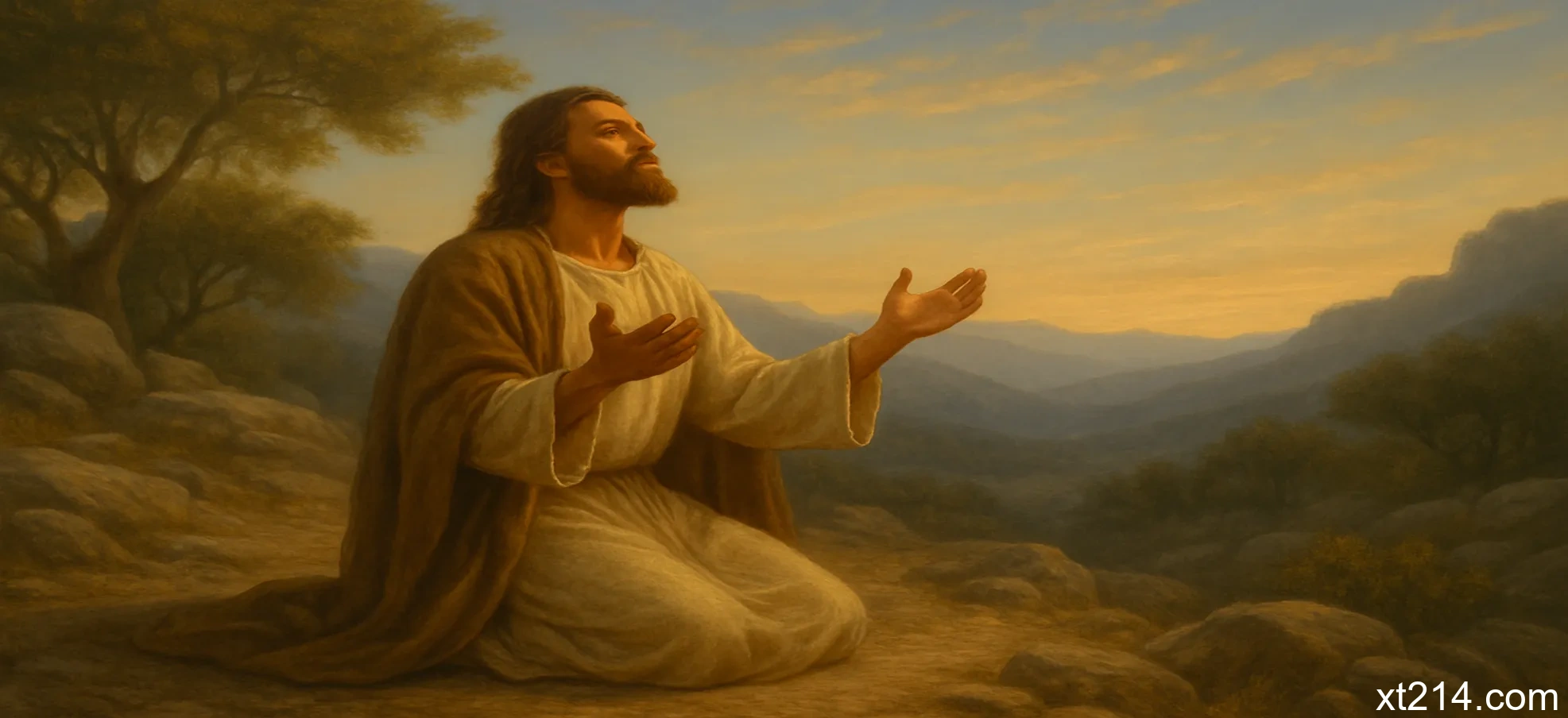 耶稣在黎明时分独自在山上祷告的场景