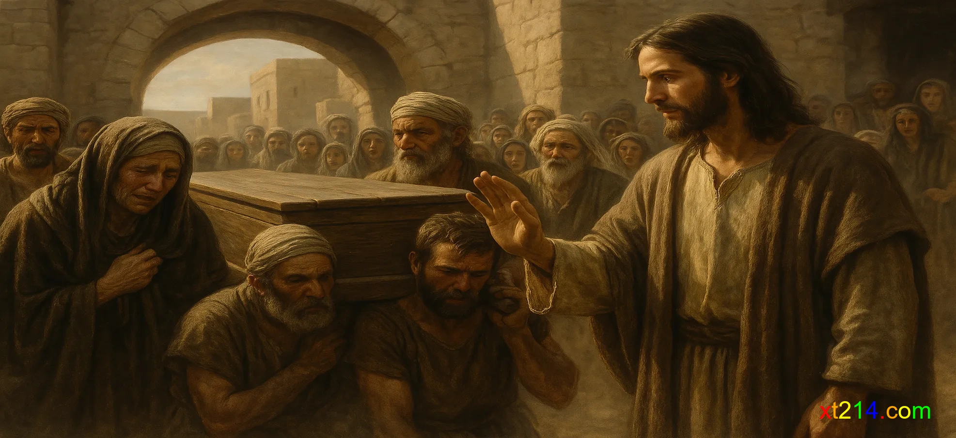 耶稣伸手触摸棺木，抬棺者停下，象征神迹的开始