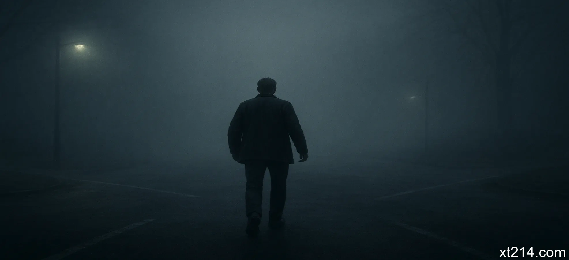 一个人站在十字路口的迷雾中，周围黑暗，但他坚定地向前迈步，象征在看不见神的带领时依然前行的信心