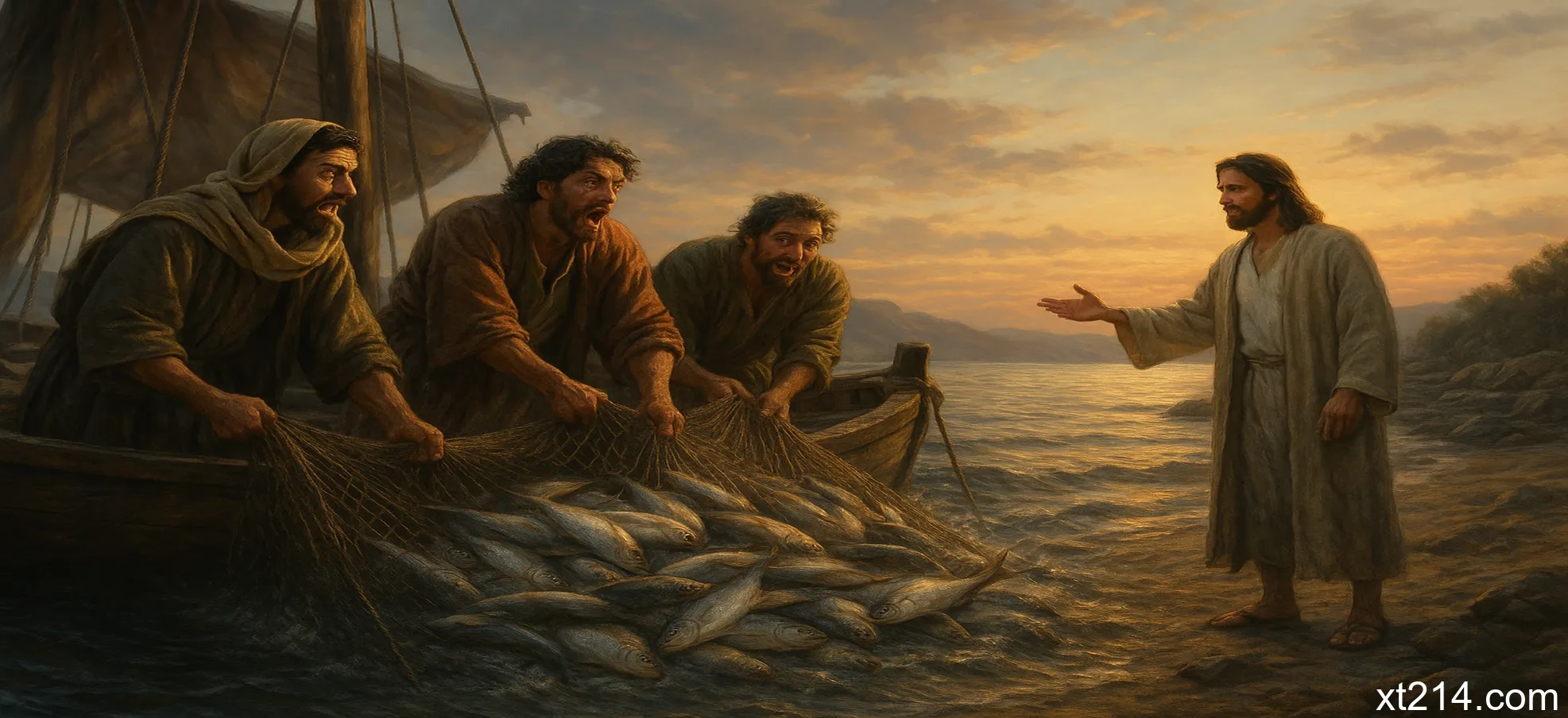 门徒们在耶稣指引下收获满网的鱼，耶稣站在岸边，象征人的无能与神的大能对比