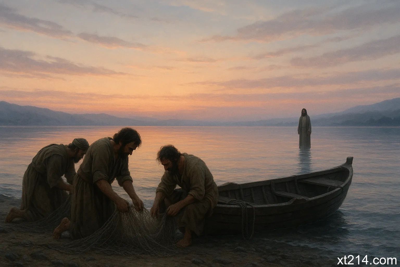 黎明时分的加利利海边，一艘小船停靠岸边，远处耶稣站在岸上，象征门徒们与复活的主相遇