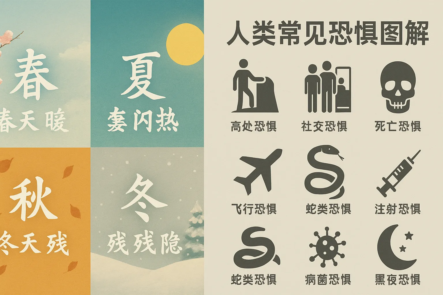 展示十种常见恐惧的图形化解释，包括高处恐惧、社交恐惧、密闭恐惧等