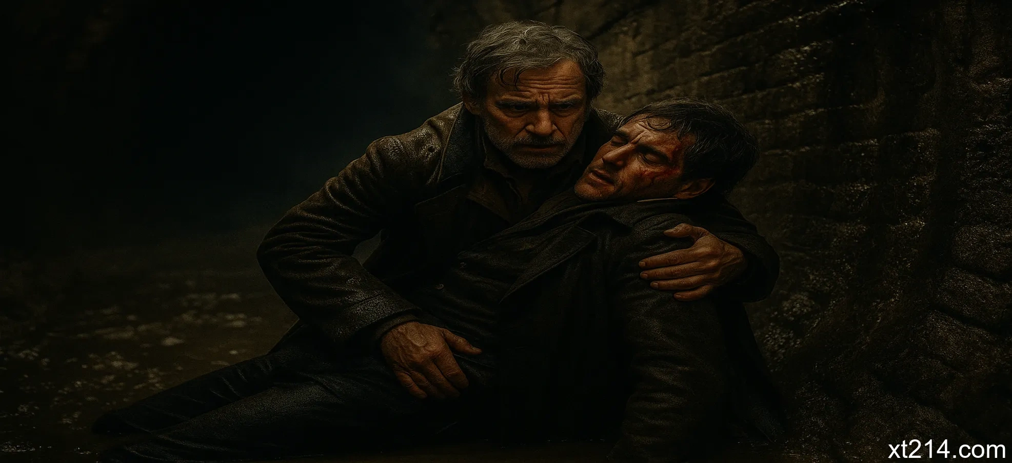 冉阿让在下水道中背着受伤的马吕斯，展示他生命完全的转变和自我牺牲