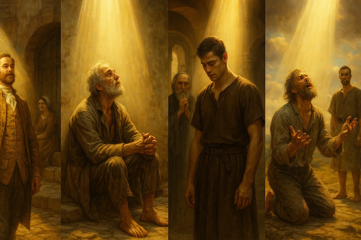 阳光照耀在各种不同人物上，包括富人和穷人、善人和罪人，展现神无差别的爱