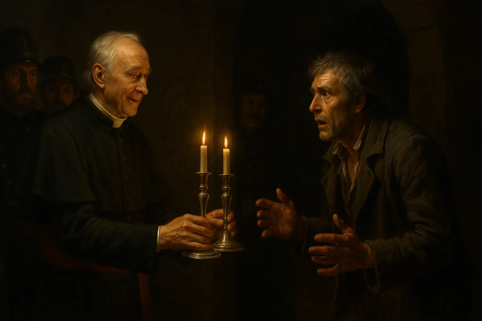 米里艾主教将银烛台递给惊讶的冉阿让，警察站在一旁，场景充满戏剧性的光影