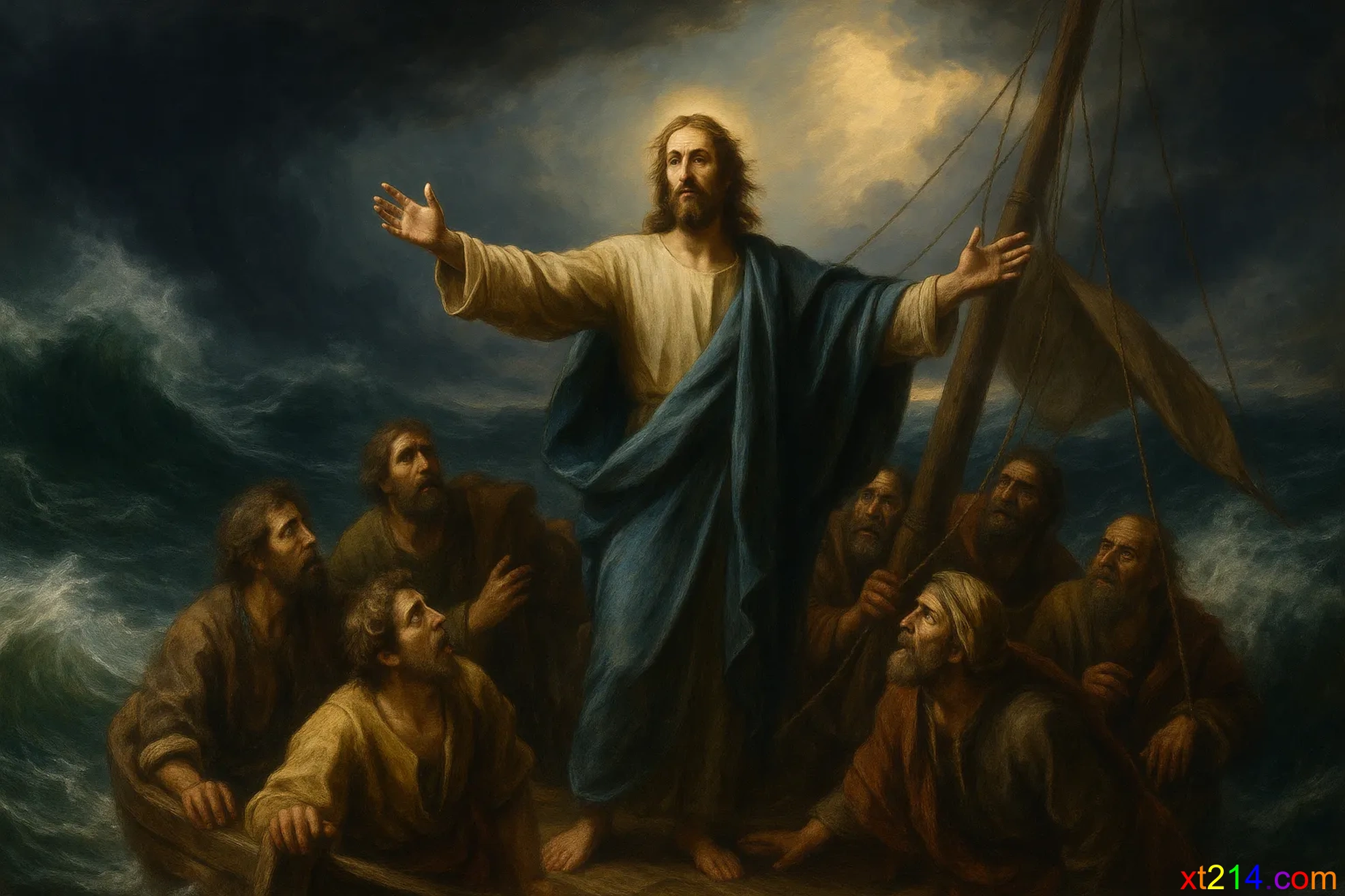 耶稣站在风暴中的船上，展开双臂平静汹涌的海浪，门徒们惊讶地看着