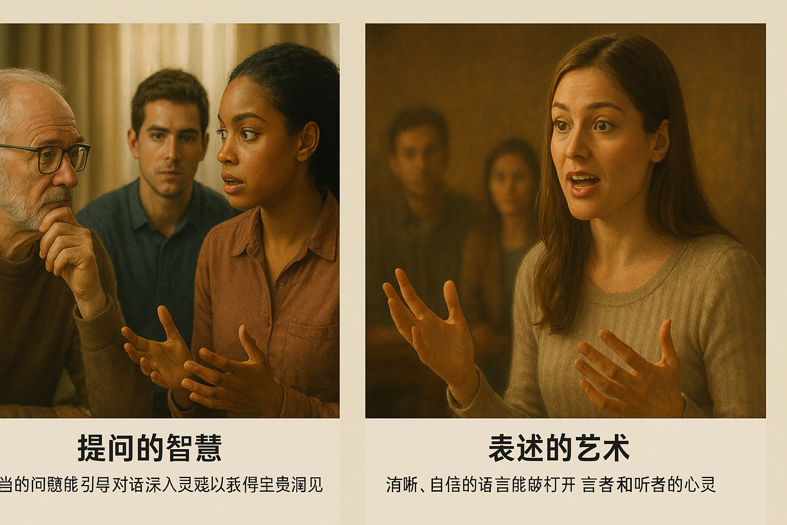 一个人的言语从口中发出，形成有形的光波，影响周围环境和人物，展现话语的力量与影响力