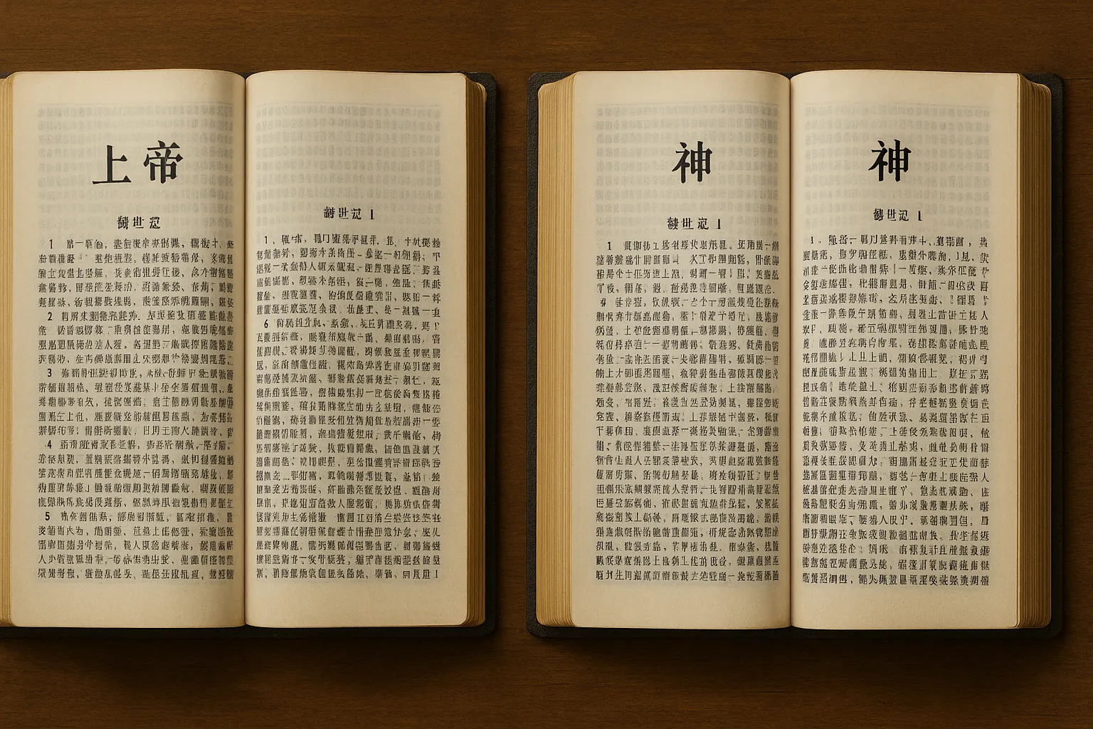 两本打开的中文和合本圣经并排放置，左侧显示使用