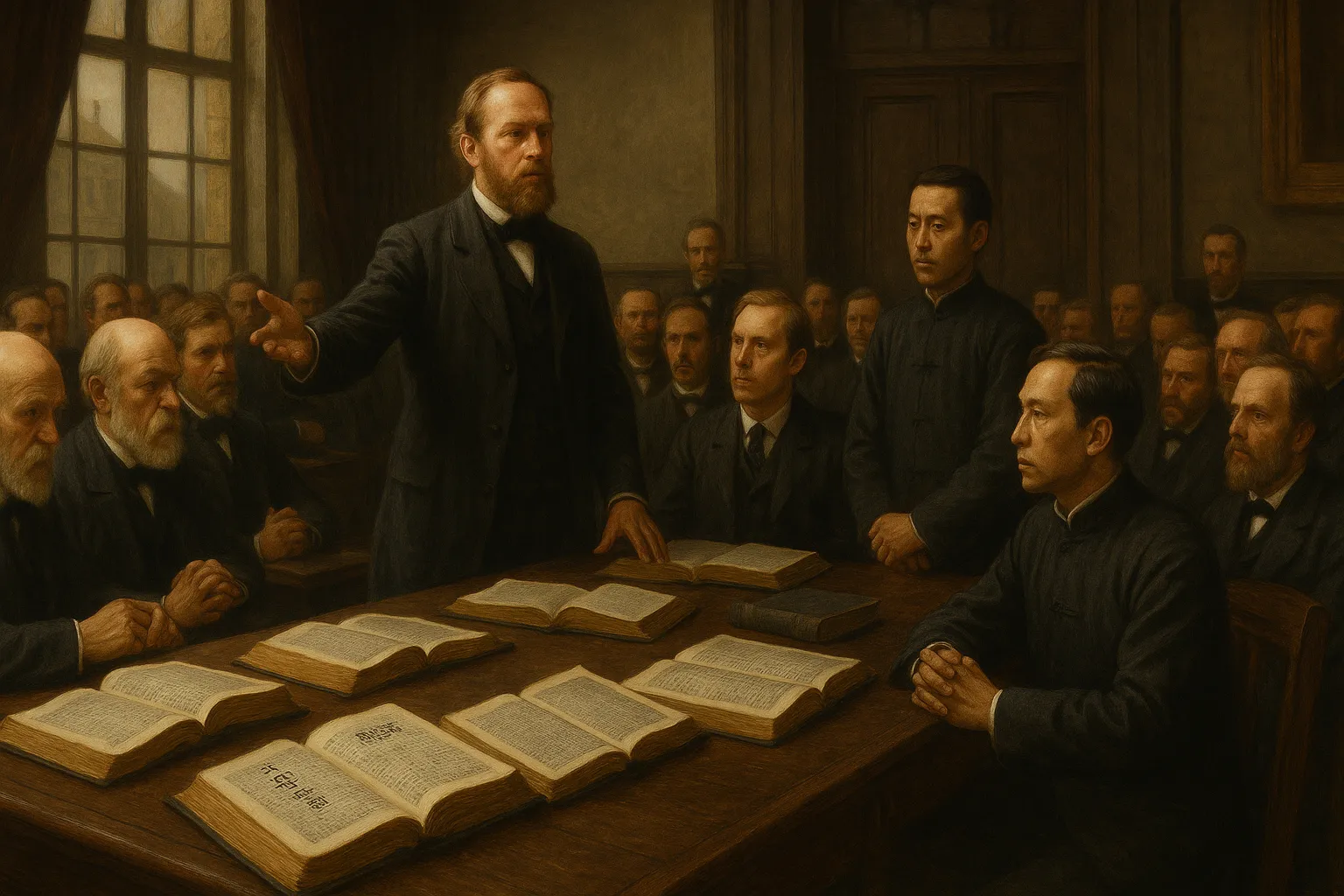 1890年上海传教士大会现场，西方传教士们正在讨论中文圣经翻译问题，桌上摊开各种圣经译本