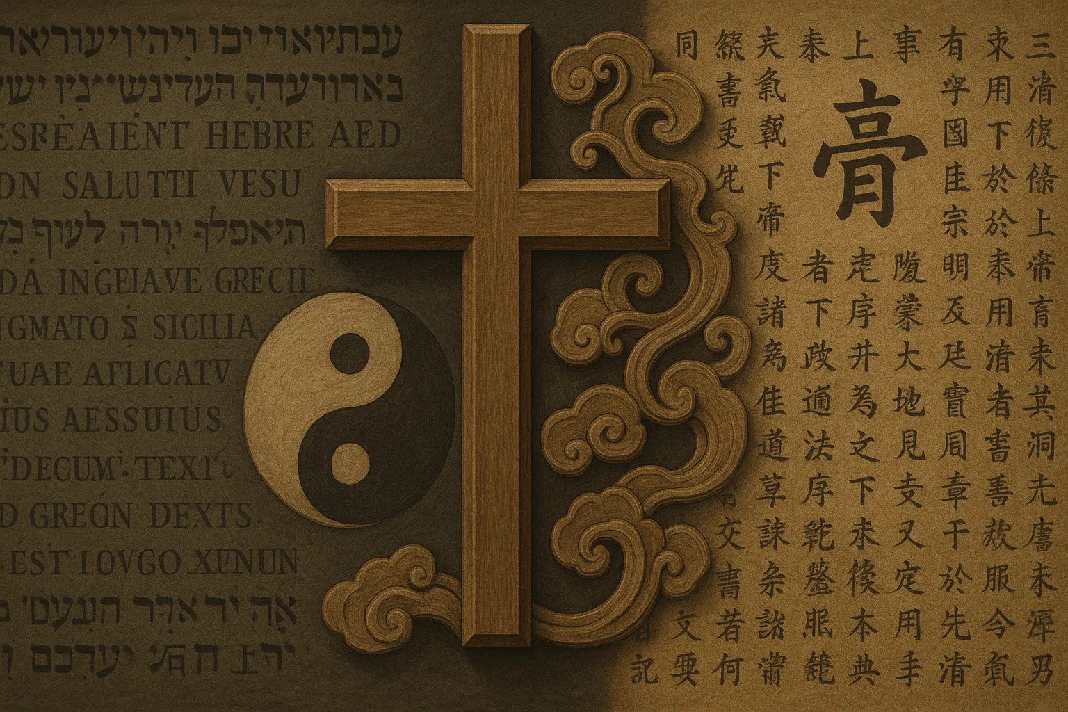 一幅象征性图像，中西方元素交融，十字架与中国传统符号共存，背景是圣经经文与中国古代经典文字