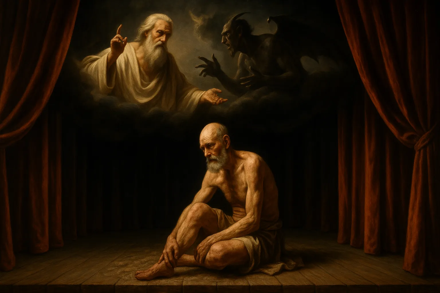 一个舞台上的约伯，上方有天上的神与撒旦对话，形成戏中戏的设计