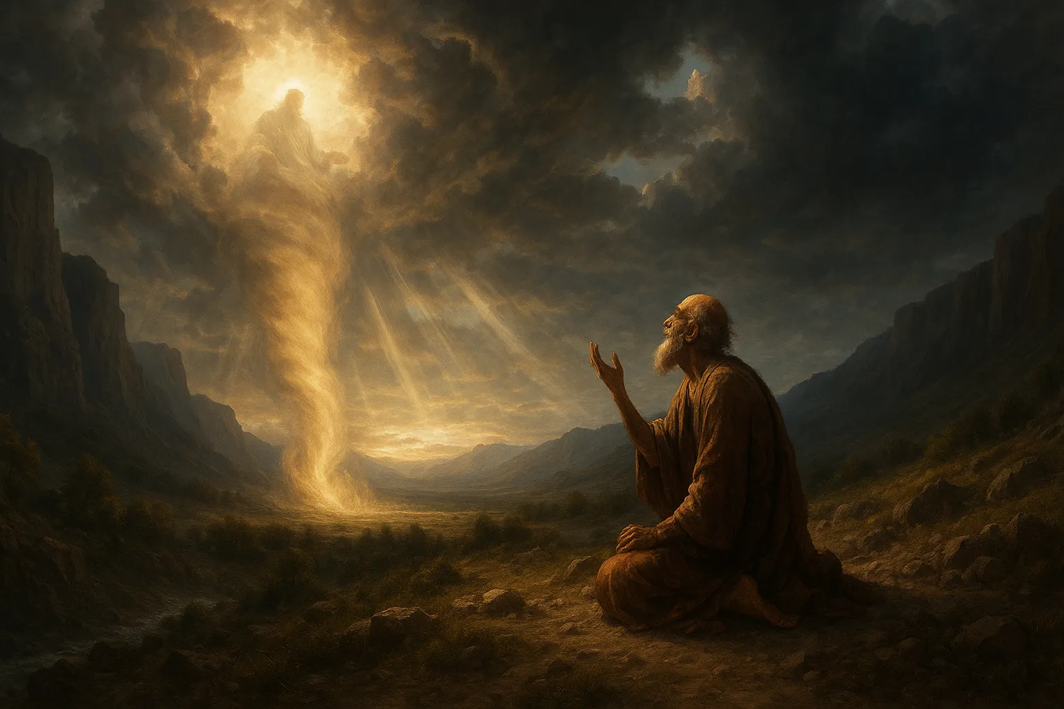 壮丽的自然景观，显示神在旋风中向约伯显现的场景，天空中云层分开，光芒四射