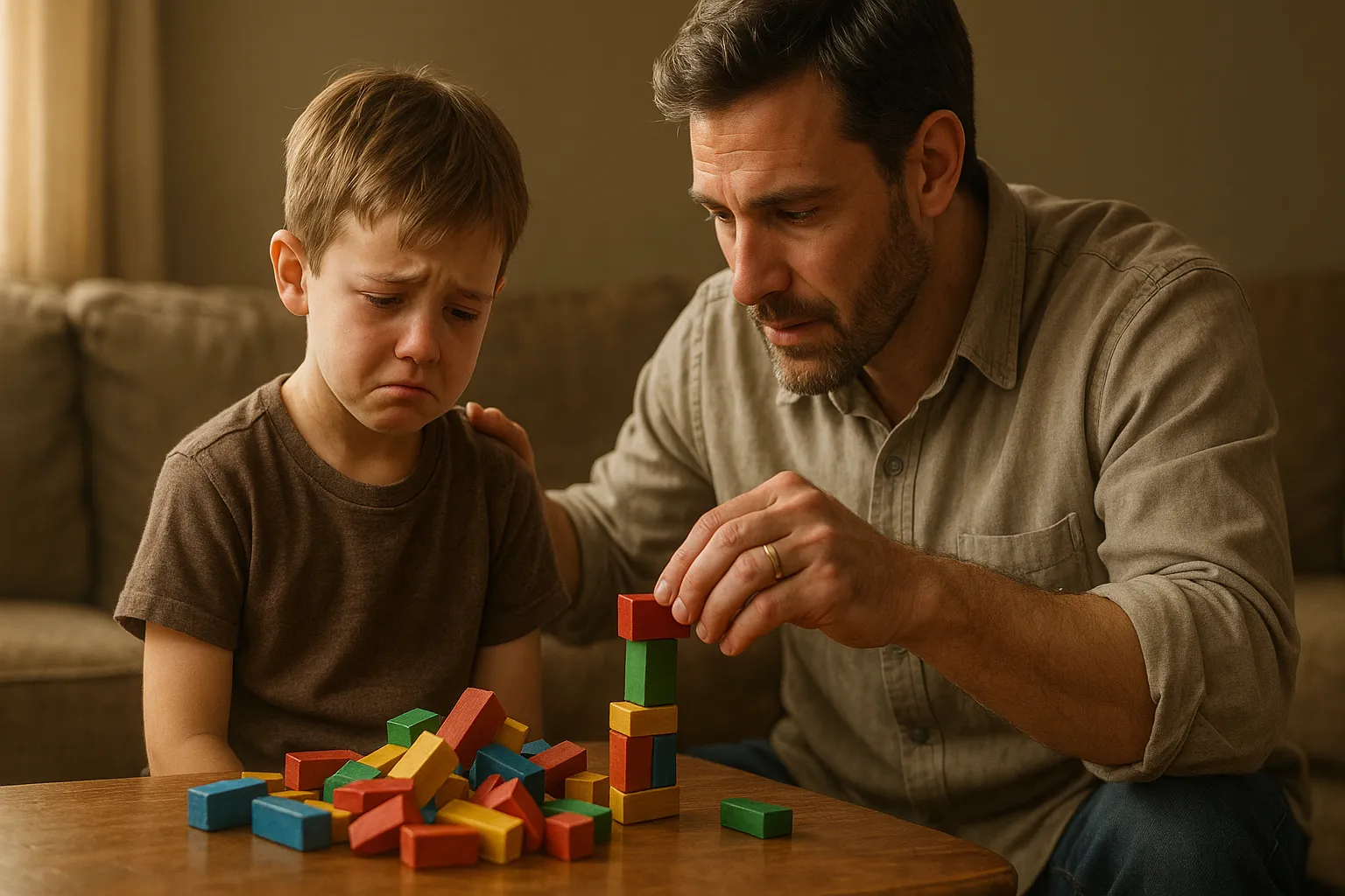 一个孩子伤心地看着倒塌的积木塔，父亲在旁安慰并开始重建，象征神的视角