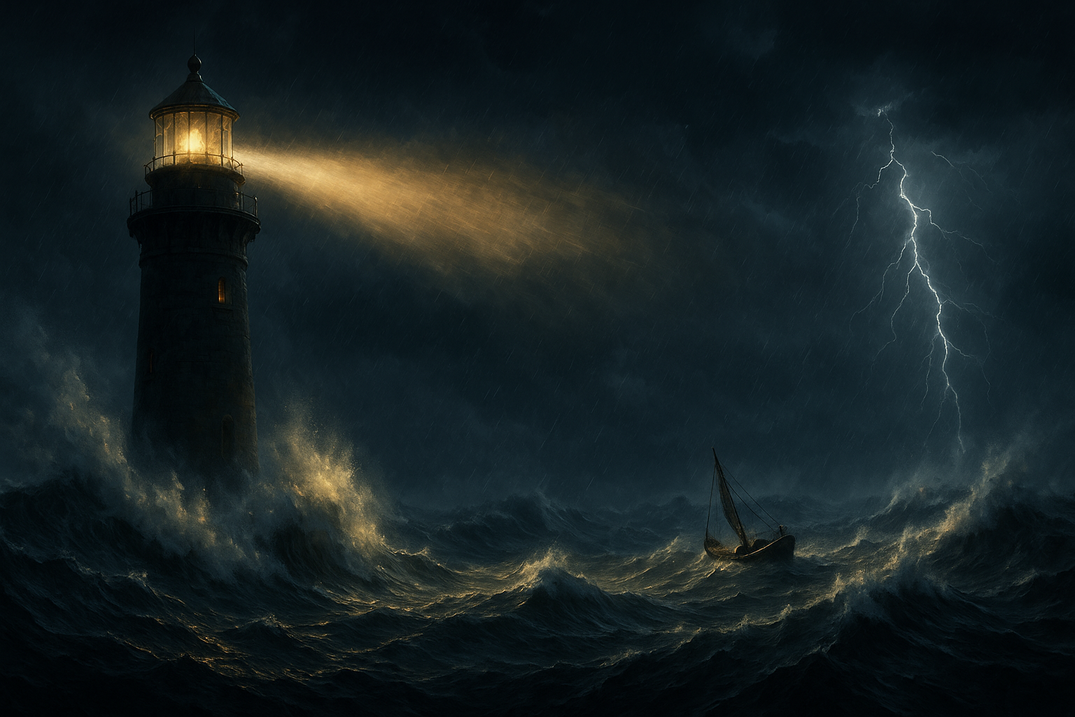 暴风雨中的灯塔发出坚定光芒，照亮狂风巨浪中的小船，象征信心在苦难中的指引