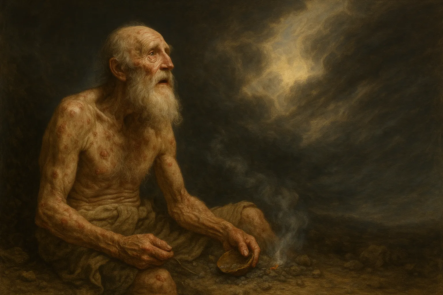 约伯从灰烬中抬头看向天空，脸上表情从绝望转为敬畏，象征信心的转变