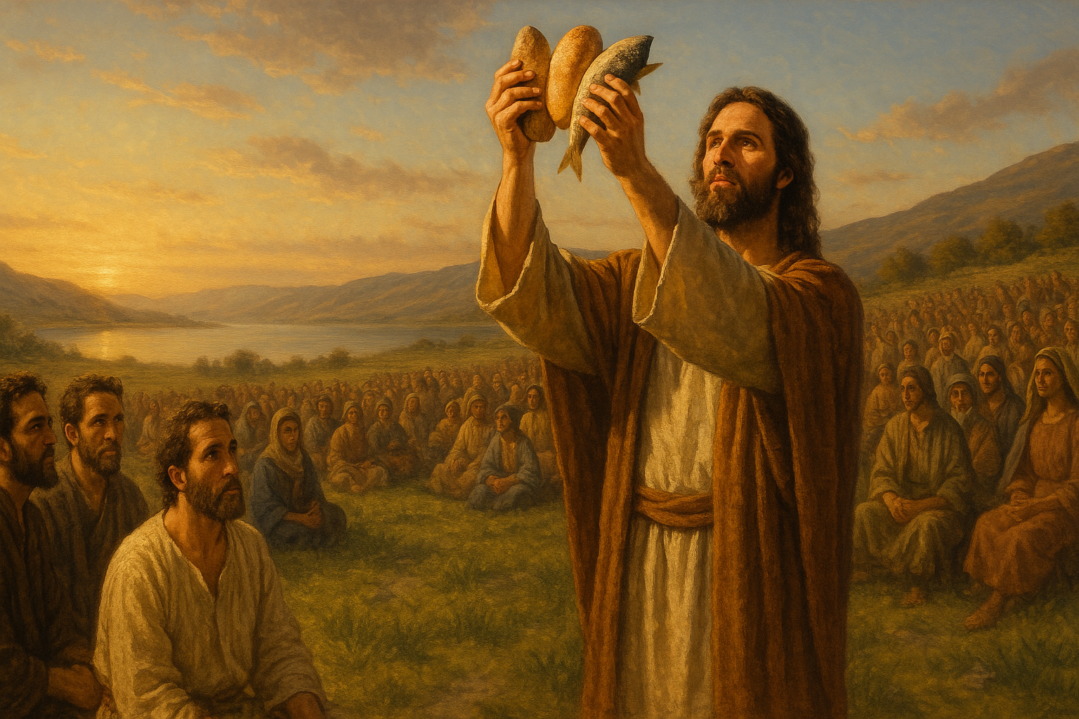 耶稣拿起五个饼和两条鱼，仰望天空祝谢，准备行神迹