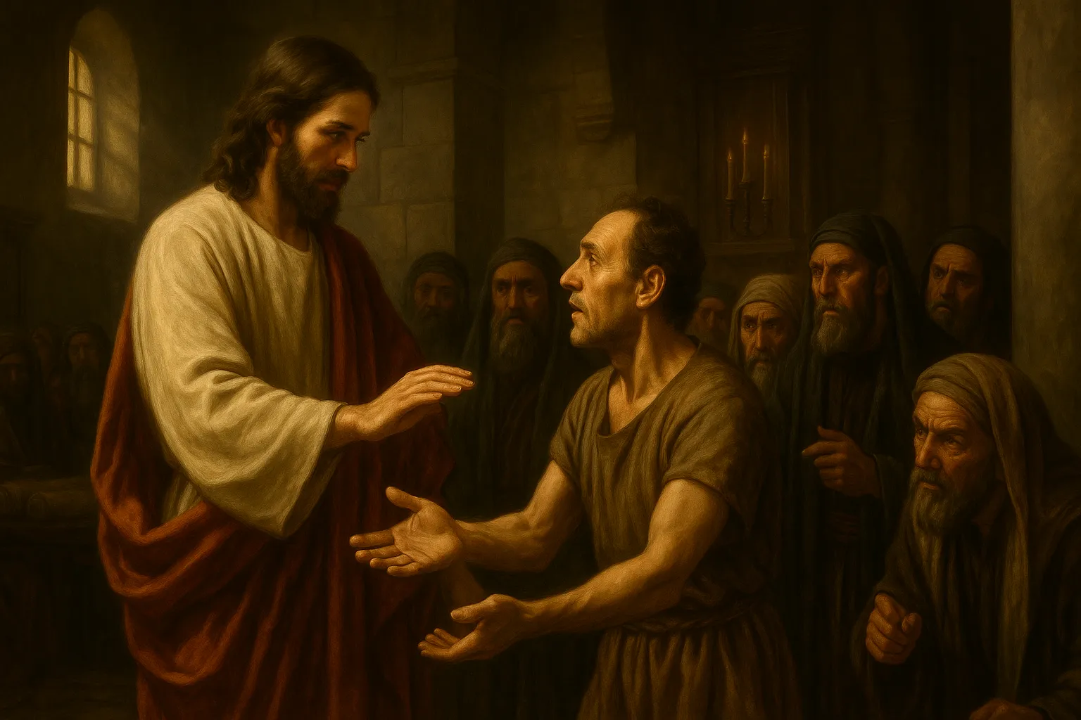 耶稣在安息日在会堂医治一个枯干了手的人，法利赛人在一旁窥探