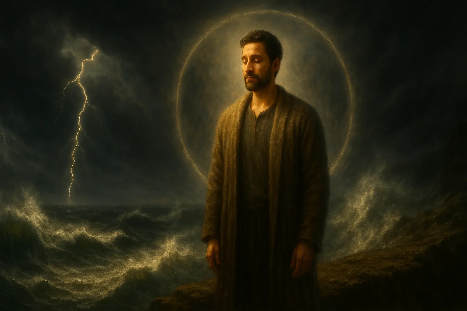 一个人在风暴般的处境中内心平静，象征耶稣在我们生活风暴中赐下的平安