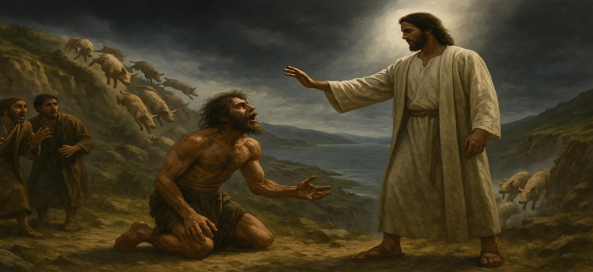 耶稣在格拉森地区医治被鬼附的人，污鬼进入猪群，猪群冲下山崖