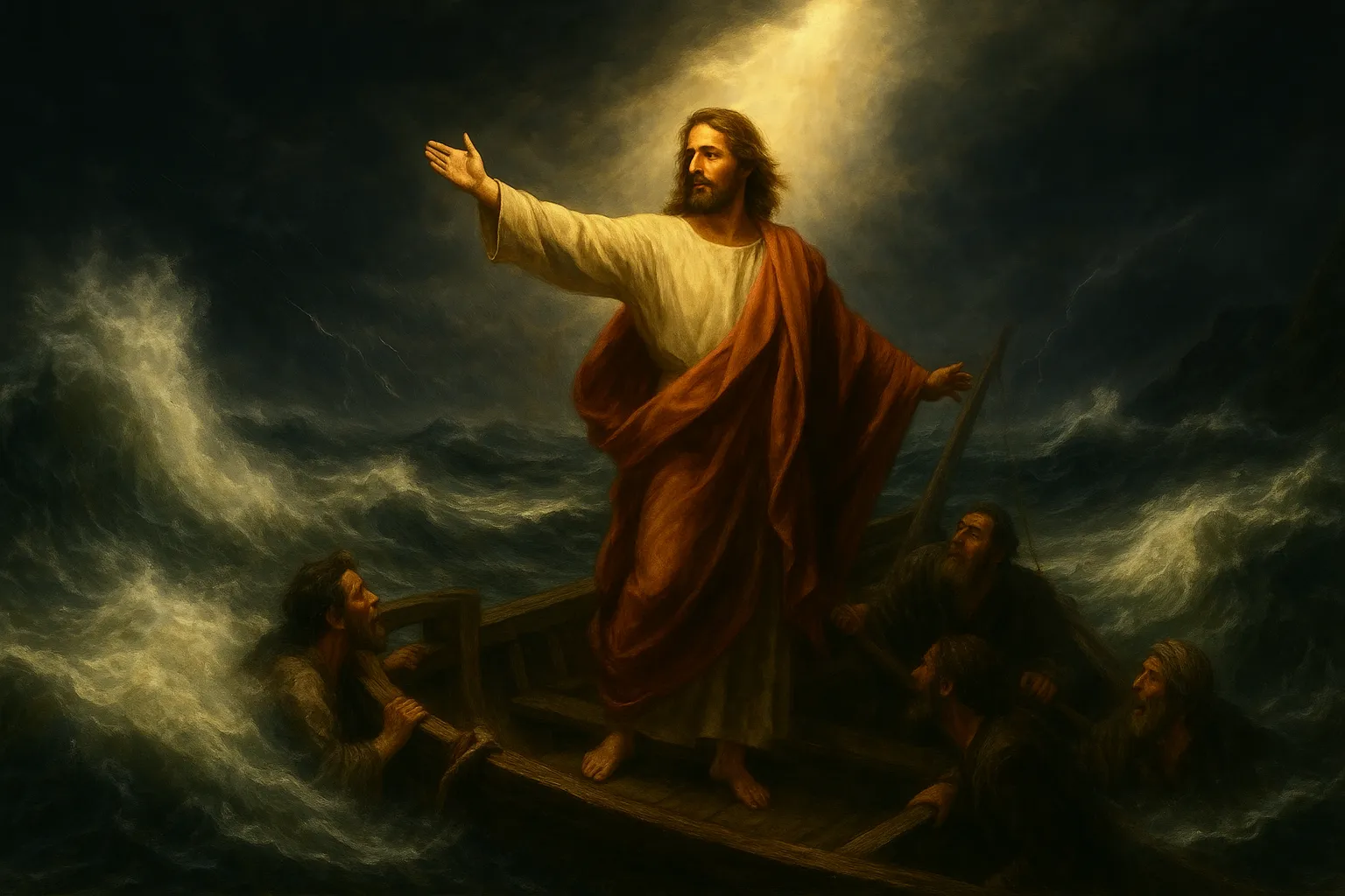 耶稣在加利利海上站立，斥责风浪，海面立刻平静，门徒满脸惊讶