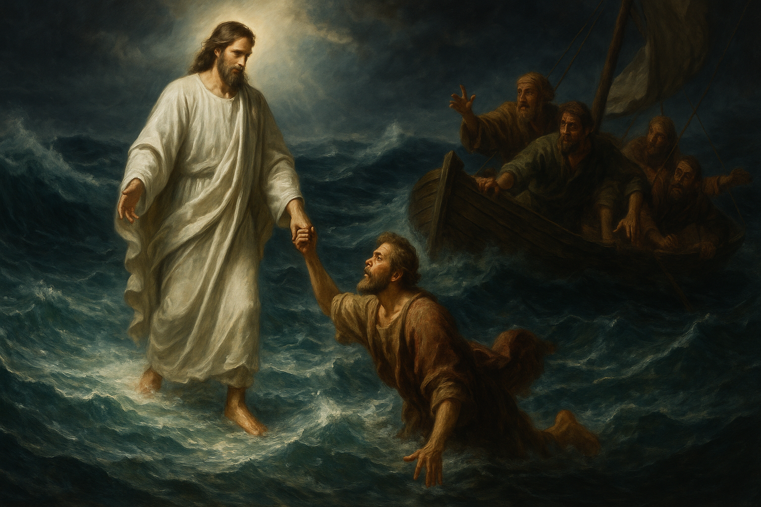 彼得从船上下来，小心翼翼地在水面上迈出第一步