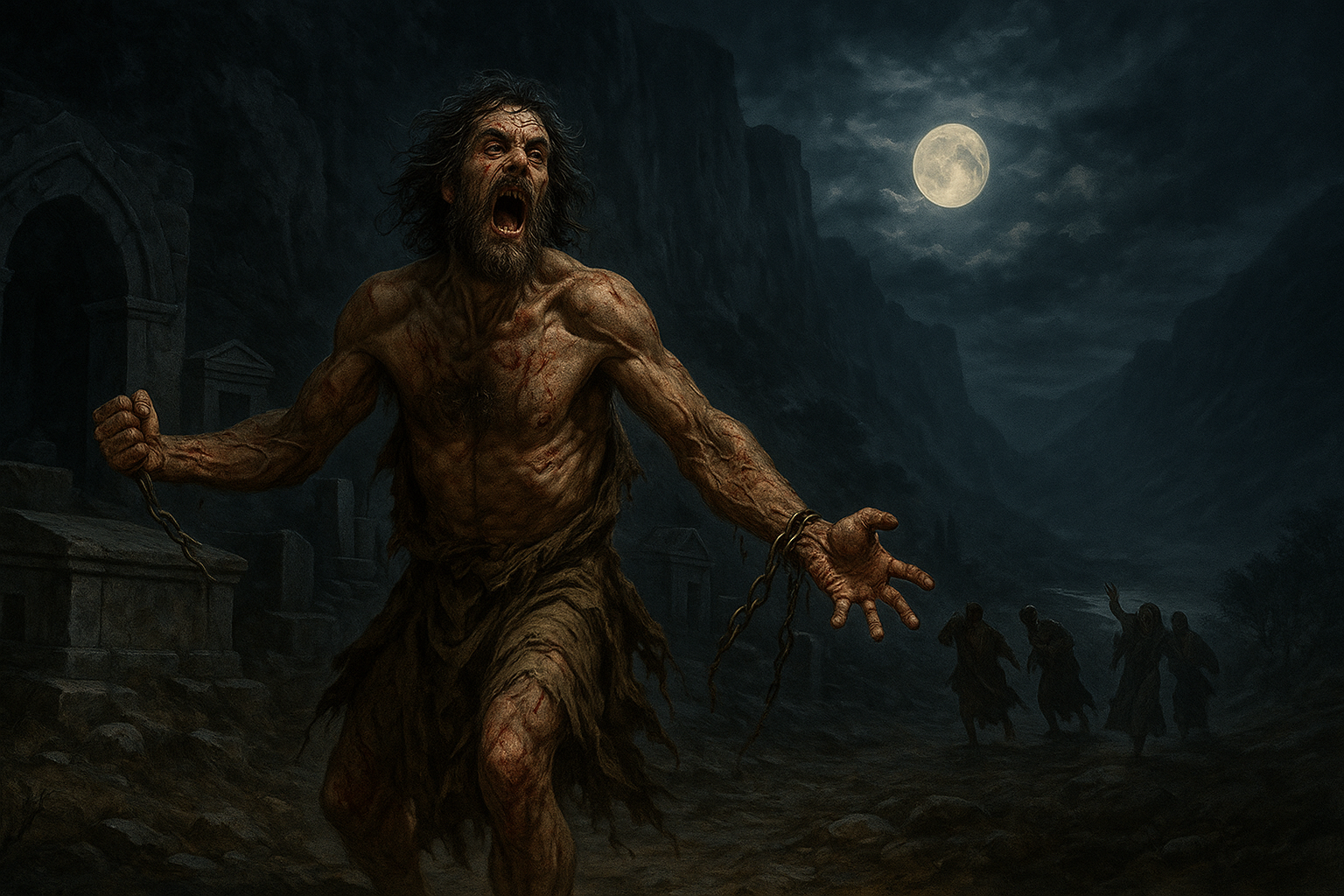 一个被鬼附的人在坟茔里嚎叫，身上锁链断开，无人能制伏他