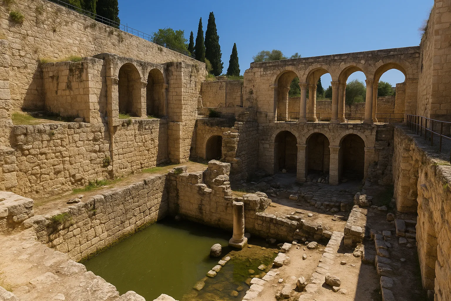 考古学家发现的耶路撒冷毕士大池遗址，展示双池结构和周围的柱廊