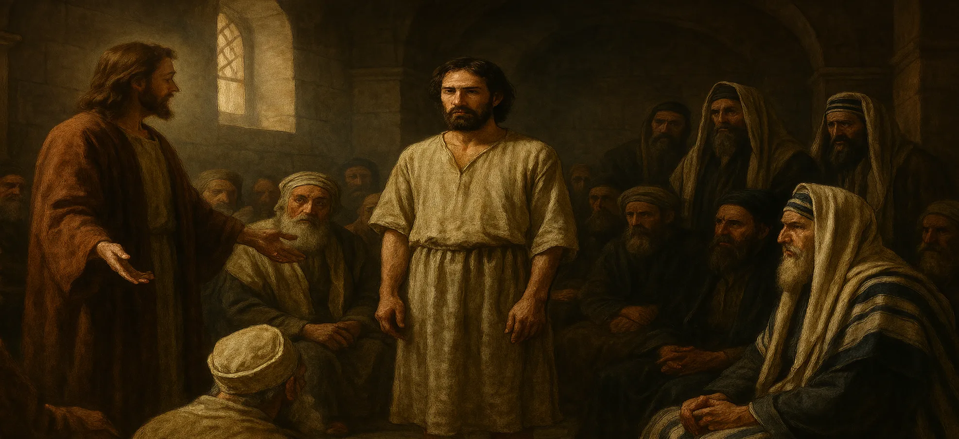 耶稣医治完枯干手的人后，法利赛人愤怒地商议要怎样处置耶稣