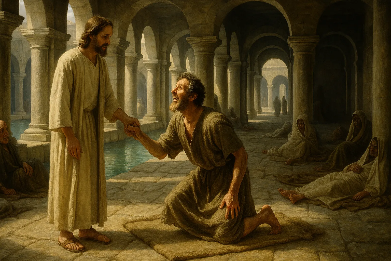 医好的瘸腿人拿着褥子行走，犹太领袖指责他在安息日拿褥子