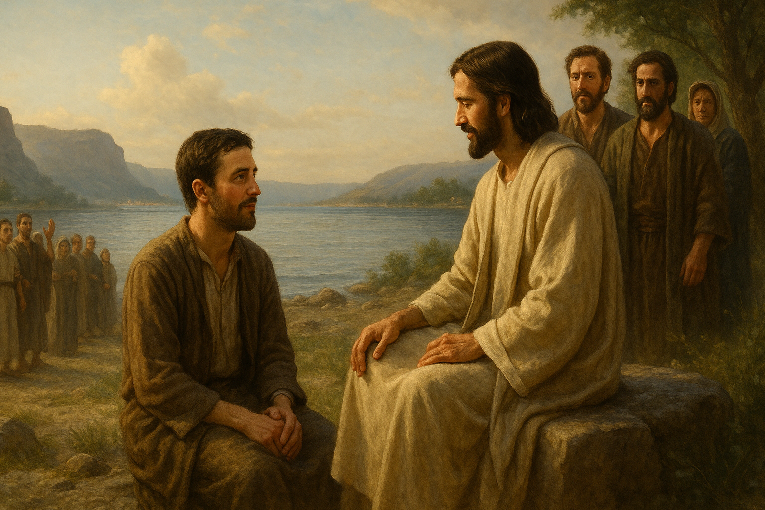 被医好的人穿着衣服，神志清醒地坐在耶稣脚前，众人感到惧怕