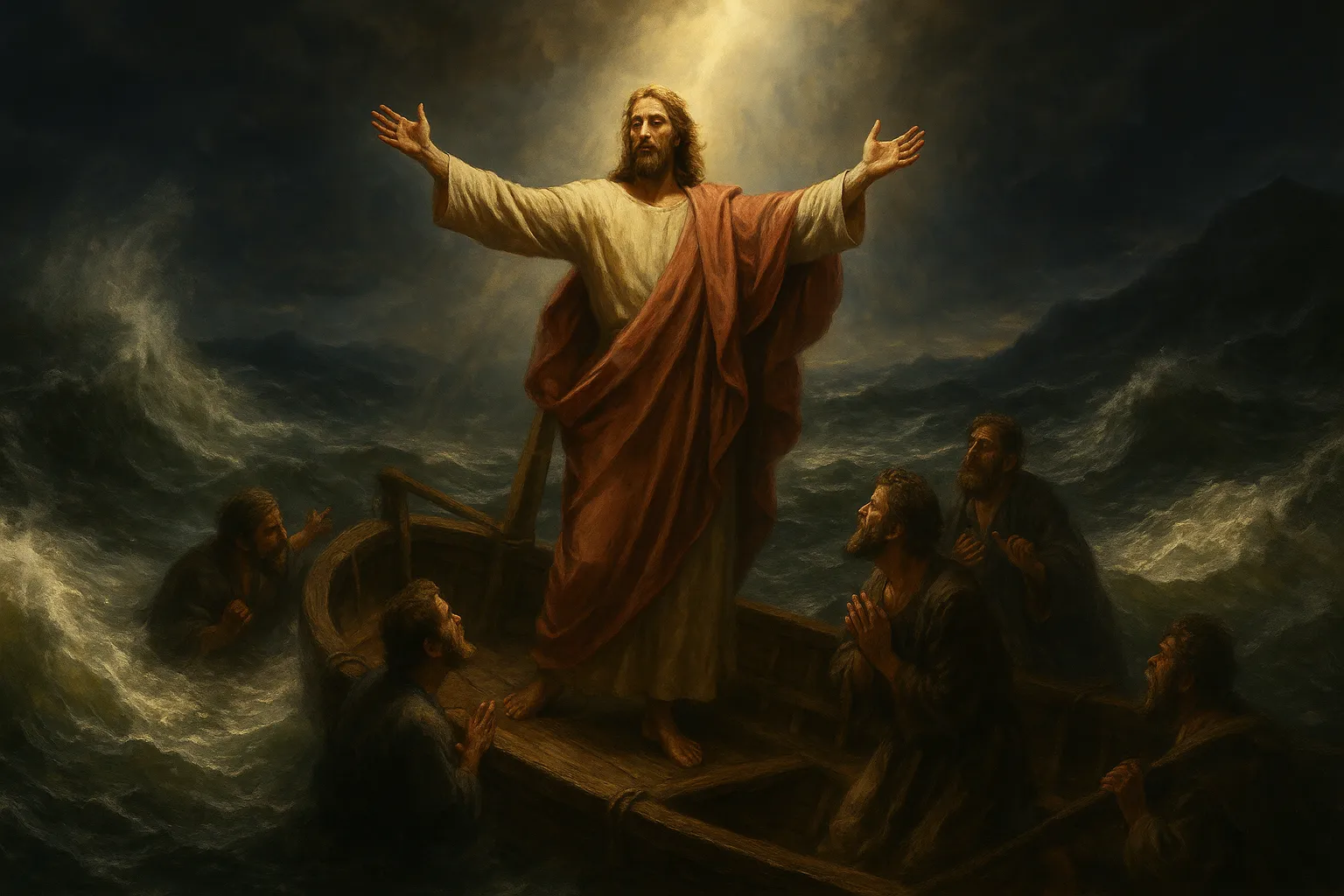 耶稣和彼得上船后，风浪立即平静，其他门徒敬拜祂