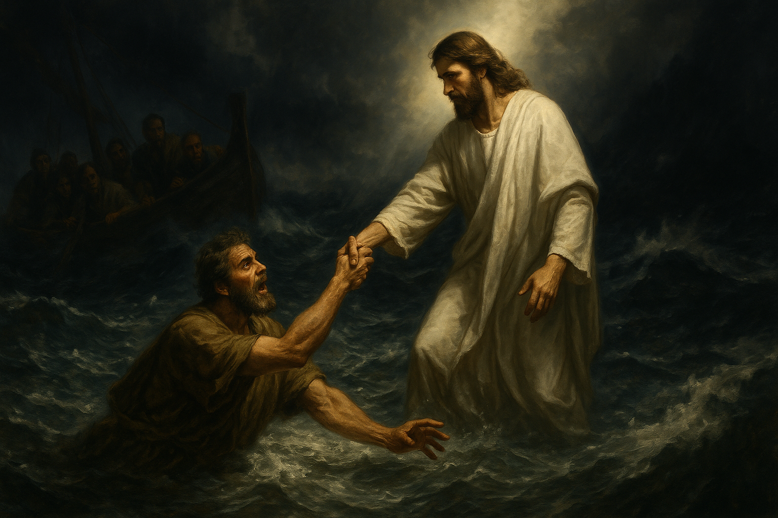 彼得开始下沉时呼救，耶稣立即伸手拉住他