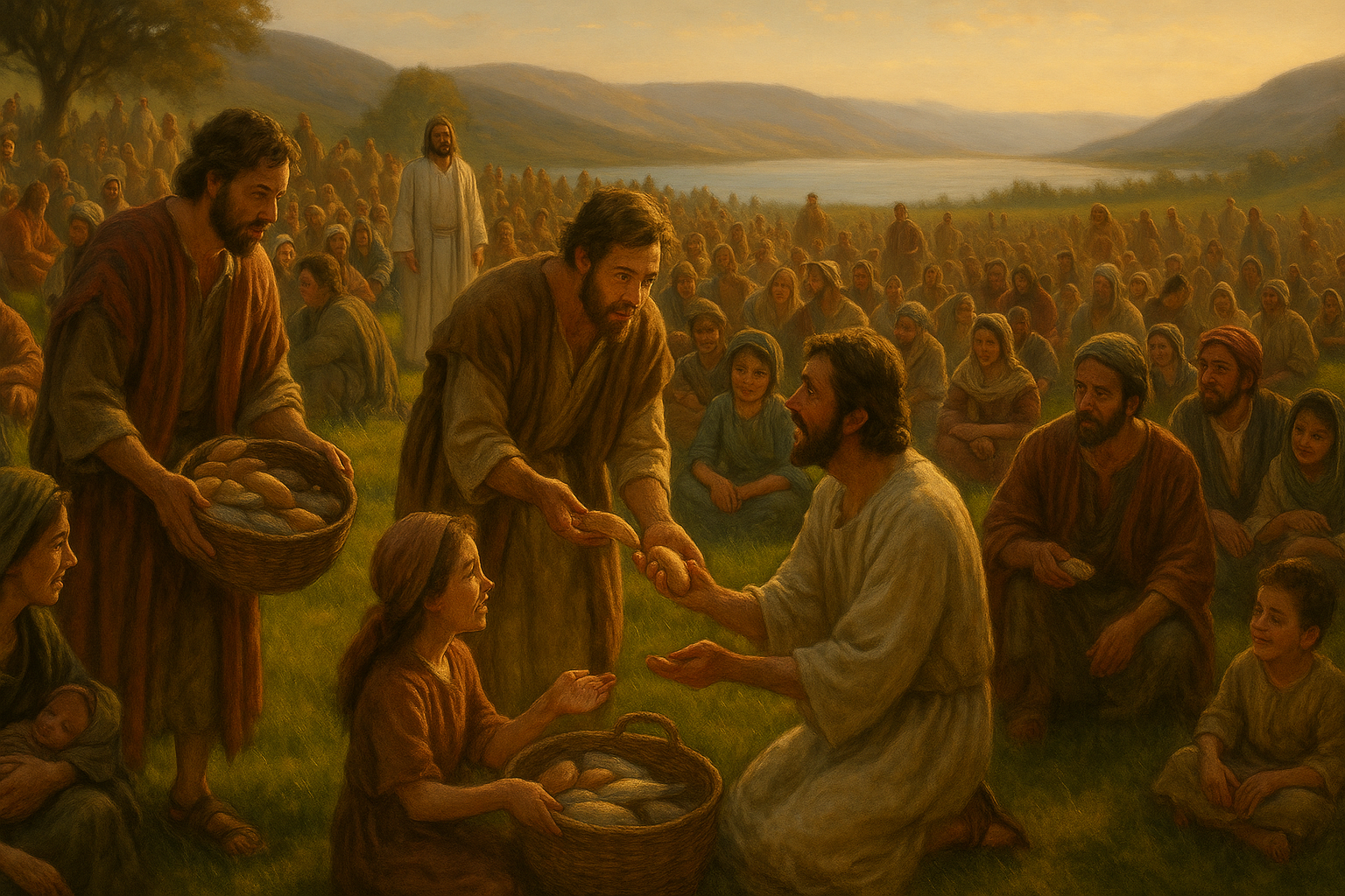 门徒们拿着装满饼和鱼的筐子，惊讶地发现食物源源不断，分发给坐在草地上的众人