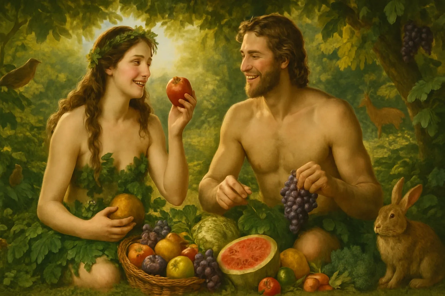 亚当和夏娃在伊甸园享用各种果实，展现原始素食生活