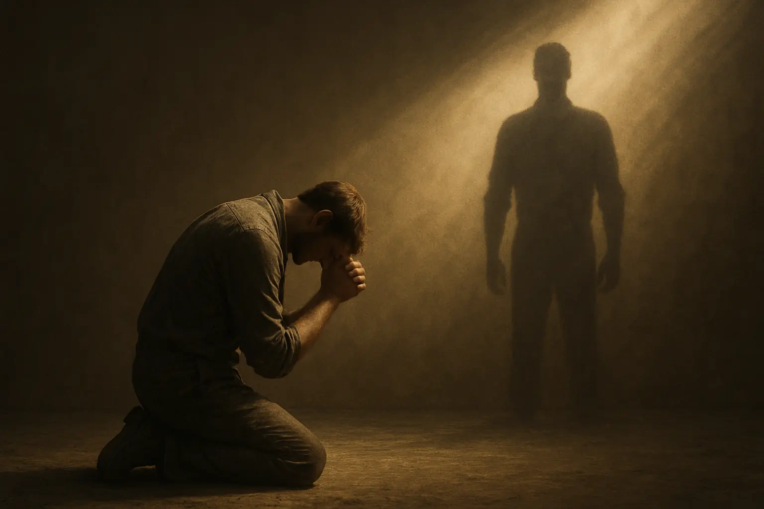 一个跪地祷告的人，他的影子却形成一个站立坚固的形象，象征人的软弱中神的力量彰显
